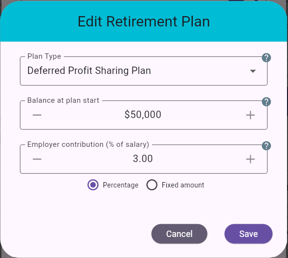 Deferred Profit Sharing Plan edit dialog