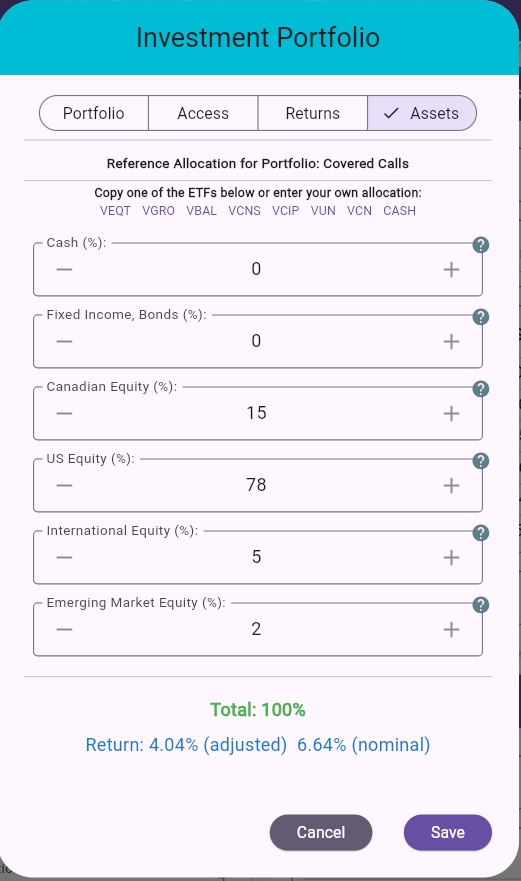 Investment Portfolio dialog - Assets tab